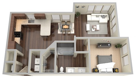 Floor plan for 1 bed, 1 bath, 711 sqft